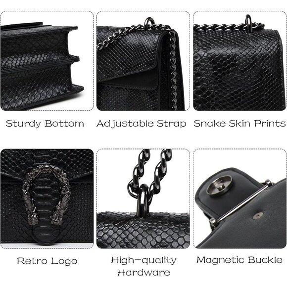 Snake Print Crossbody Bag for Women, Leather Clutch with Chain, Evening Purse - Picture 5 of 7